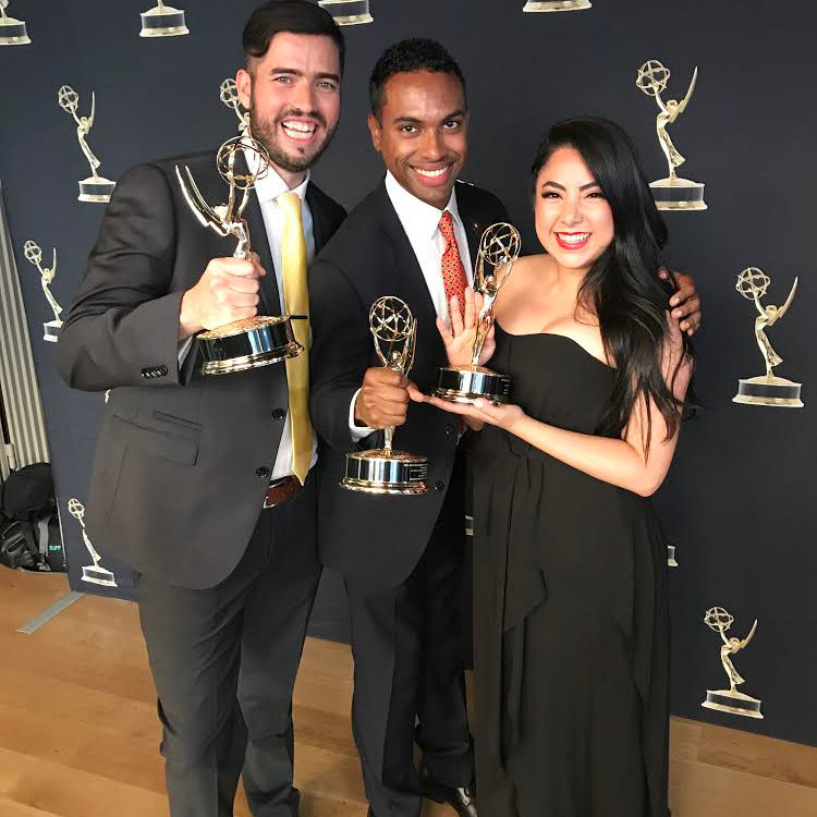 Photo of Oscar Guerra, Antonio A. Ayala and Norma Alejandra Lopez holding their Emmy statuettes